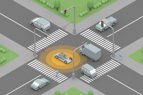 它可以自动运行。十字路口的自动驾驶。开车时要减速。不开车的人。图片下载