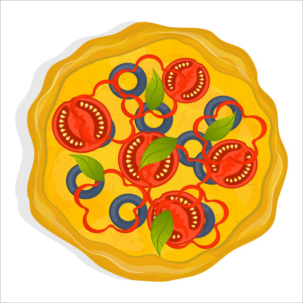 素食披萨，白色背景上有番茄、橄榄、辣椒和罗勒。意大利菜一种意大利菜有奶酪和脆皮的披萨。矢量插图在平面风格..图片下载