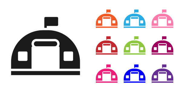 黑色兵营站图标孤立在白色背景上。军队空袭体系结构。设置图标丰富多彩。向量图片下载