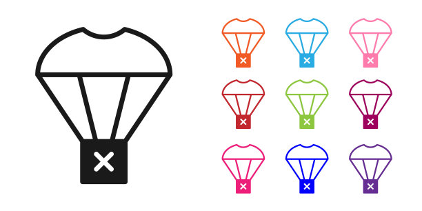 黑匣子在降落伞上飞行图标孤立在白色背景上。降落伞包裹待运。送货服务，空运。设置图标丰富多彩。向量图片下载
