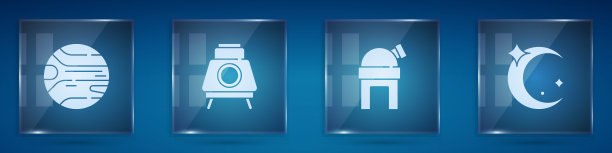 集行星，火星漫游者，天文观测台，月球和星星。方形玻璃面板。向量图片下载