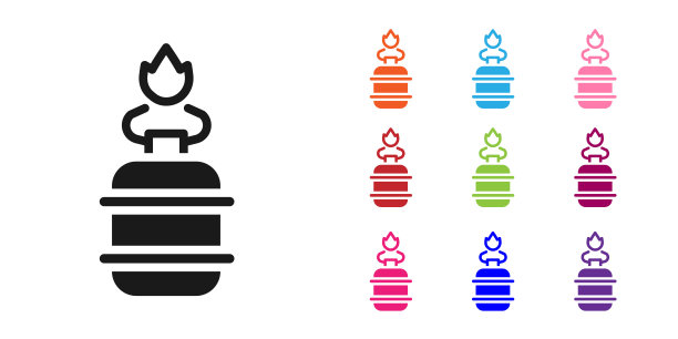 黑色野营煤气炉图标孤立在白色背景。便携式气体燃烧器。徒步旅行、露营设备。设置图标丰富多彩。向量图片下载