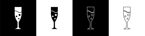 设定酒杯香槟图标孤立在黑色和白色背景。向量图片下载