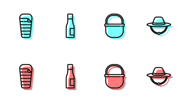 露营壶，睡袋，瓶装水和帽子图标。向量图片下载