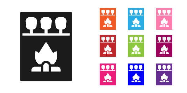 黑色打开火柴盒和火柴图标孤立在白色背景。设置图标丰富多彩。向量图片下载