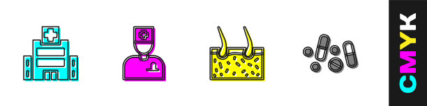 设医疗楼、男医生、毛覆皮、药丸片等图标。向量图片下载