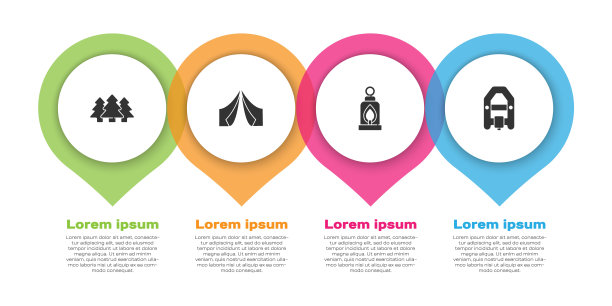 设置森林，旅游帐篷，露营灯和漂流船。业务信息模板。向量图片下载