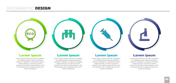 为生态健康食品、试管和烧瓶、注射器和显微镜设置标签。业务信息模板。向量图片下载