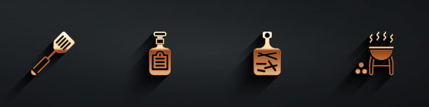 设置抹刀，酱瓶，切菜板和烧烤图标与长影子。向量图片下载