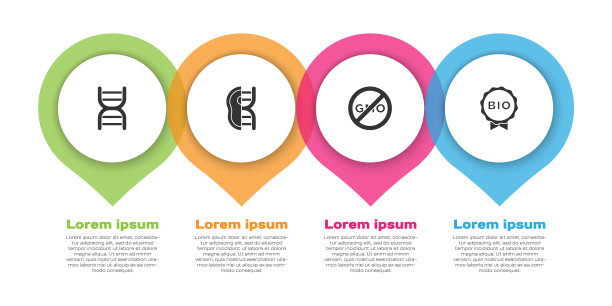 设置DNA标记、转基因肉、非转基因食品和生物健康食品标签。业务信息模板。向量图片下载