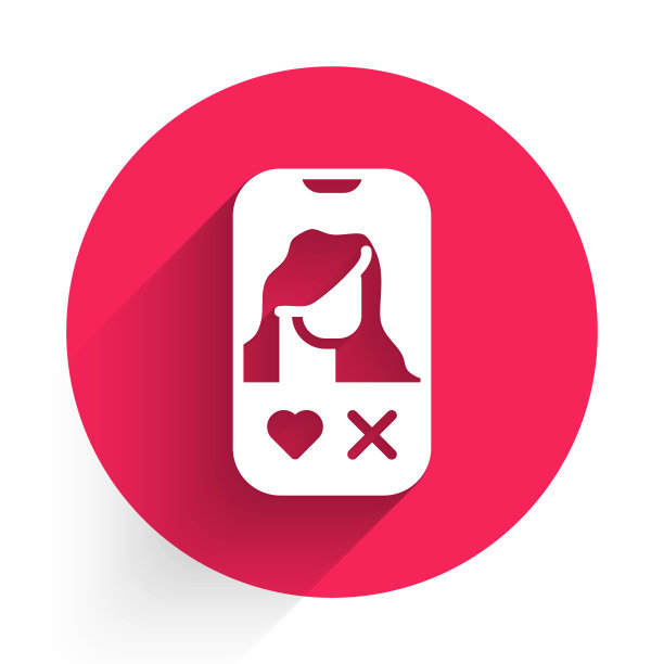 白色约会应用在线移动概念图标孤立与长影子。女性男性轮廓平面设计。情侣匹配的关系。红色圆圈按钮。向量图片下载