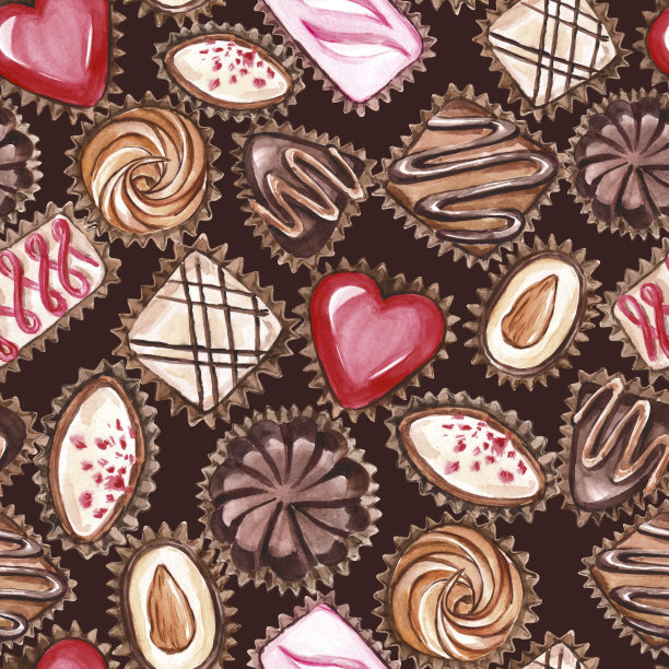 巧克力糖果。无缝模式。纺织品，餐巾，挂毯，桌布，包装纸的设计。水彩画。图片下载