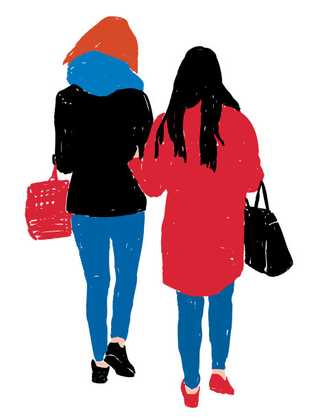 矢量图像的彩色剪影两个城市女孩走在一起图片下载