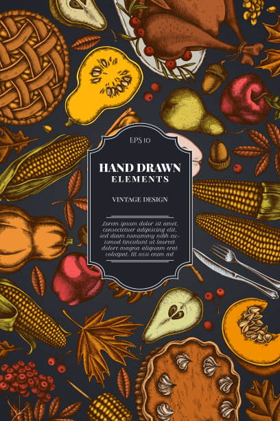 卡片设计在黑暗的背景与南瓜，叉子，刀，梨，火鸡，南瓜派，苹果派，玉米，苹果，花，枫，橡树图片下载