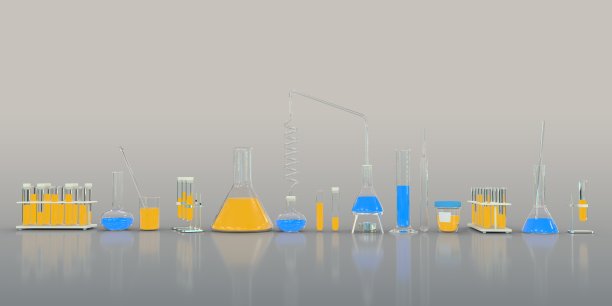实验室试管和其他科学玻璃器皿与蓝色和橙色液体在灰色背景-大学概念，物体的3D插图图片下载