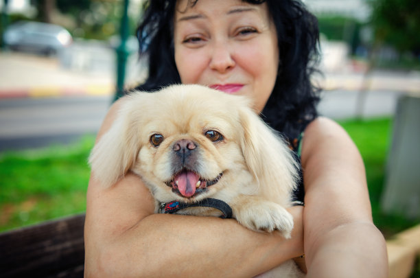 面带微笑的老年妇女抱着小狗自拍的肖像图片下载
