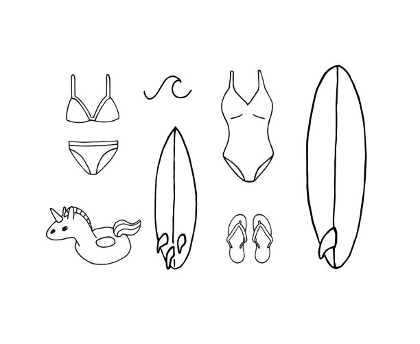 设置冲浪和游泳服装和配件图片下载