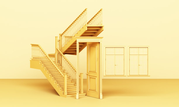 黄色经典风格的门是开放的，带有窗户的楼梯是黄色背景的3d渲染图片下载