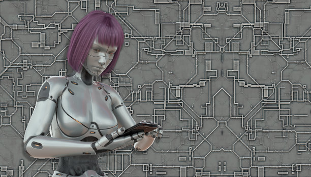 电子女孩与智能手机概念在技术背景3d插图图片下载