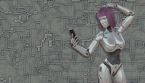 电子女孩与智能手机概念在技术背景3d插图图片下载