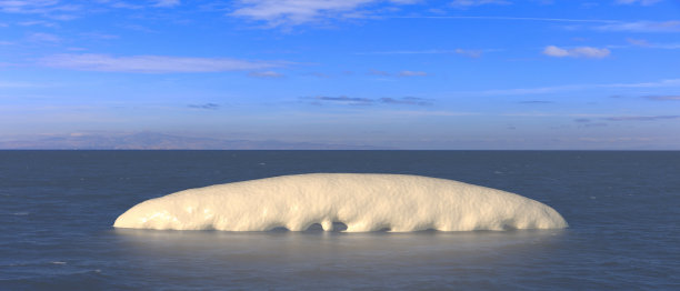 冰山漂浮在湛蓝的海面上，湛蓝的天空。气候变化，全球变暖的概念。三维演示图片下载