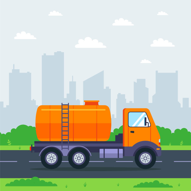 一辆油罐车以城市为背景穿过城市。液体货物运输图片下载