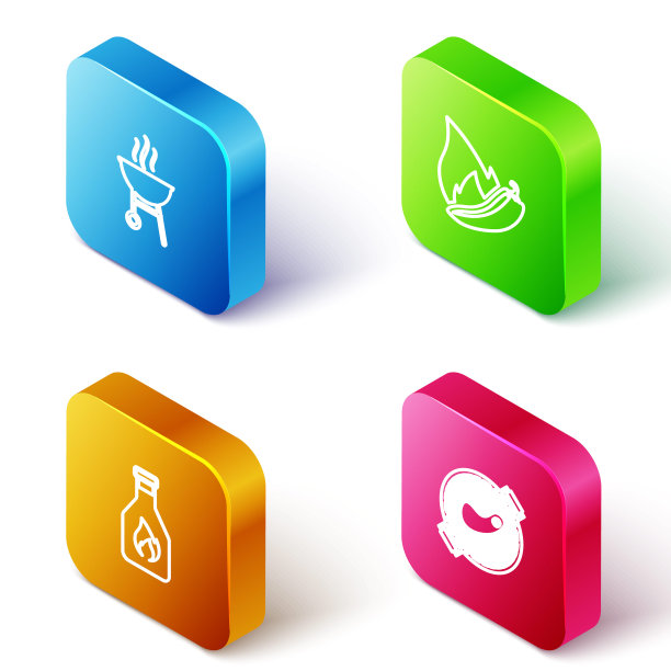 设置等距线烧烤架，辣椒荚，番茄酱瓶和牛排图标。向量图片下载