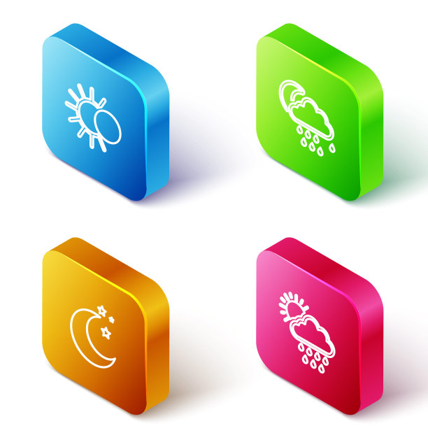 设置等距线日食的太阳，云与雨和月亮，月亮星星和图标。向量图片下载