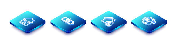 设置等距线房子，电池，湿度和湿度图标。向量图片下载