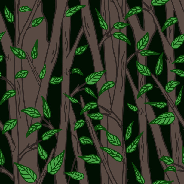 无缝矢量模式与树的轮廓在黑色的背景。简单的森林墙纸设计与绿叶。暗枝时尚纺织品。图片下载