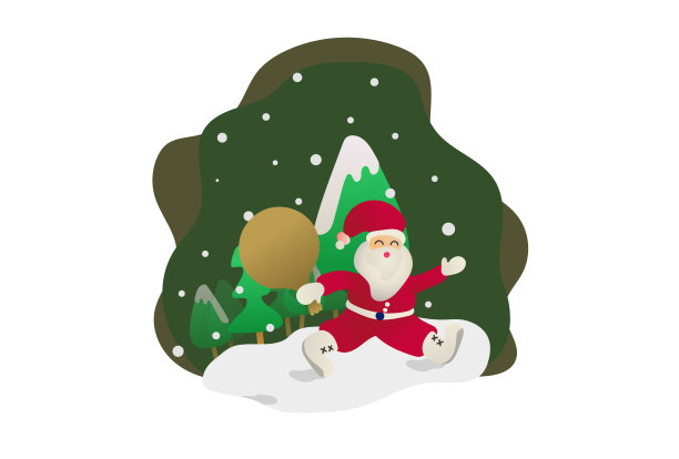 画卡通圣诞老人与树和雪，向量，插画图片下载