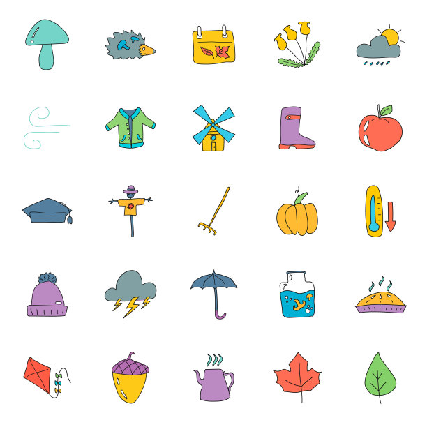 秋天手绘线性涂鸦孤立的白色背景。秋季图标设置为网页和UI设计，移动应用程序和印刷产品图片下载