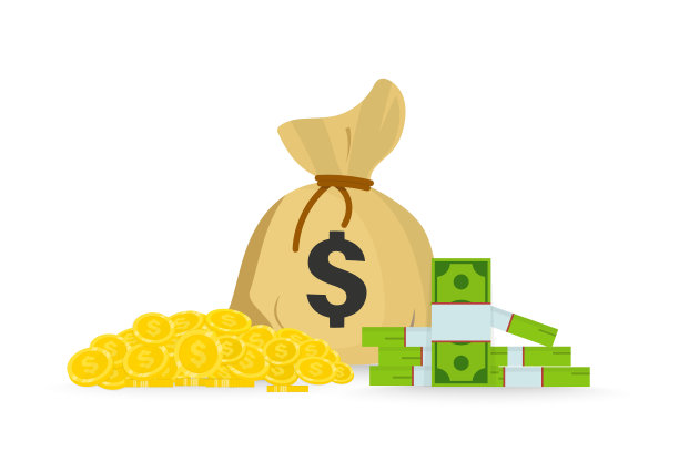 钱袋上的美元符号。美元纸币。现金，一堆硬币。钱袋，一堆钱，一包包美金图片下载