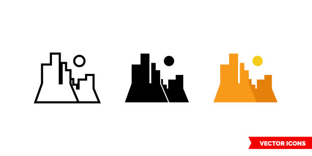 大峡谷图标有三种颜色、黑白、轮廓。孤立向量符号符号图片下载