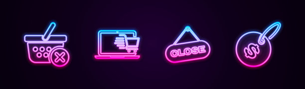 设定线移除购物篮，笔记本电脑上的购物车，挂着关闭和价格标签美元。发光的霓虹灯图标。向量图片下载