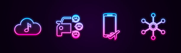 设置在线音乐流媒体服务，汽车共享，飞行模式的移动和网络。发光的霓虹灯图标。向量图片下载
