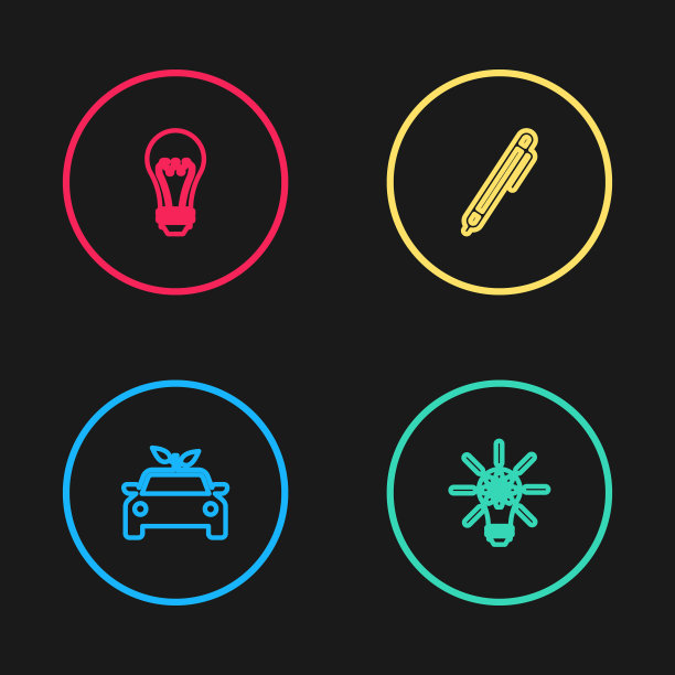 集线环保汽车概念驱动，灯泡齿轮，笔和图标。向量图片下载