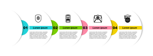 设置线盾和美元，智能手机与联系，邮件电子邮件和毕业帽地球仪。业务信息模板。向量图片下载