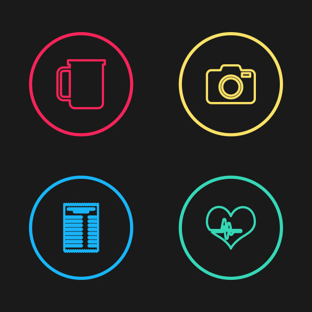 设置线纸或财务检查，心率，相机和咖啡杯图标。向量图片下载