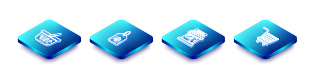 设置等距线购物篮，价格标签与美元，市场商店和购物车图标。向量图片下载