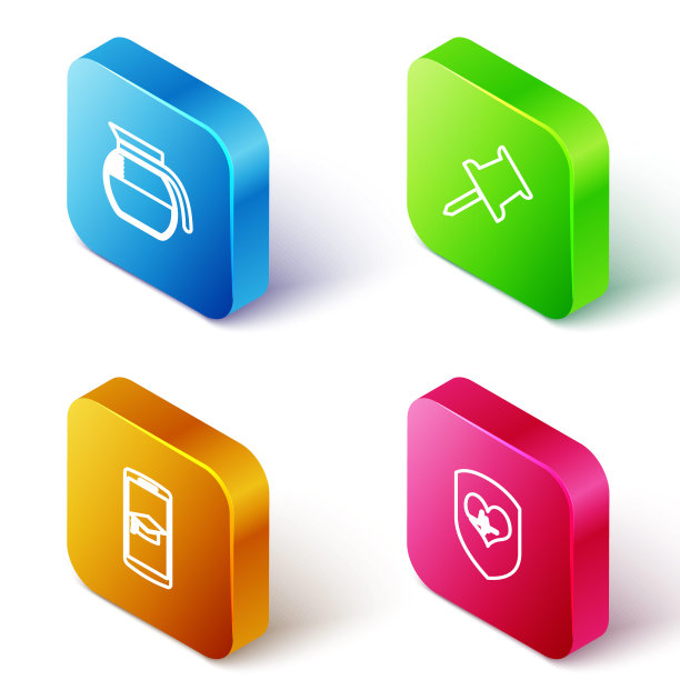 设置等距线咖啡壶，推针，毕业帽在手机上和盾和心率图标。向量图片下载