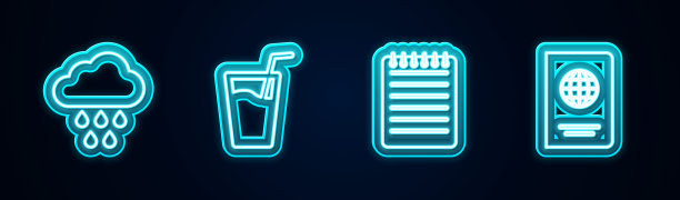 设线云与雨，玻璃水，笔记本和护照。发光的霓虹灯图标。向量图片下载