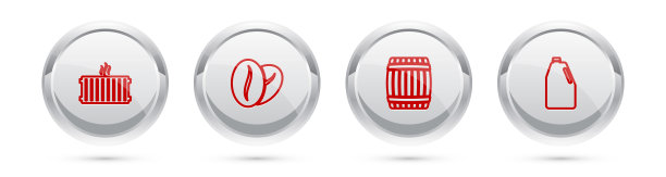 设有暖气散热器、咖啡豆、木桶、日用化学品瓶。银圈按钮。向量图片下载