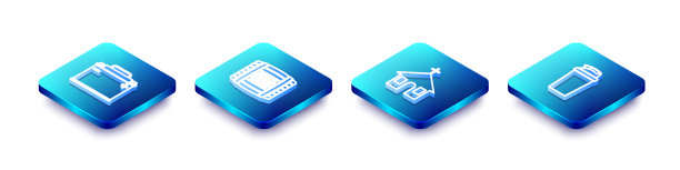 设置等距线汽车电池，木桶朗姆酒，教堂建筑和健身摇壶图标。向量图片下载