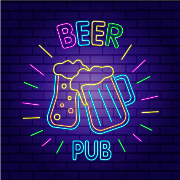 夜间啤酒酒吧户外广告的发光霓虹灯招牌。图片下载