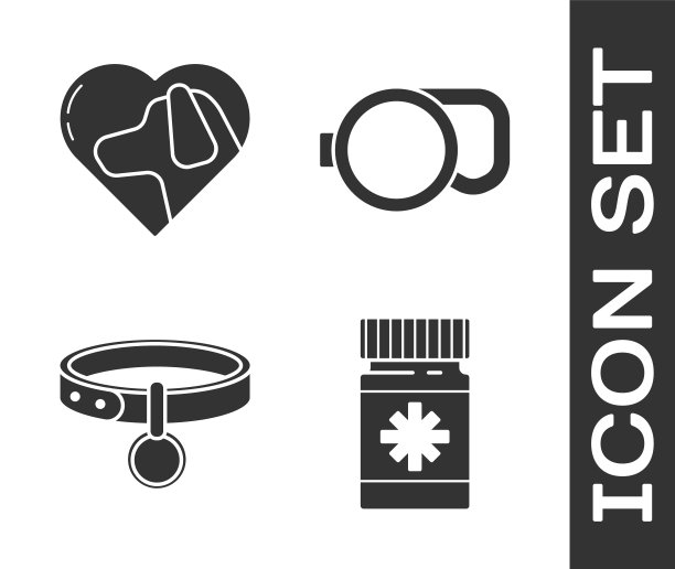 设置狗药瓶和药丸，心脏与狗，项圈与姓名标签和可伸缩绳牵引图标。向量图片下载