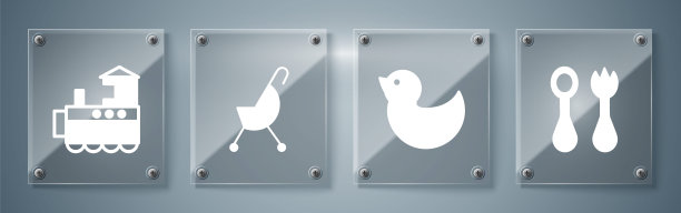 摆放婴儿餐具，叉子和勺子，橡皮鸭，婴儿推车和玩具火车。方形玻璃面板。向量图片下载