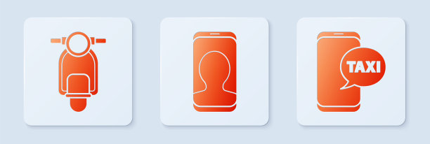 设置出租车呼叫电话服务，滑板车和出租车呼叫电话服务。白色正方形按钮。向量图片下载