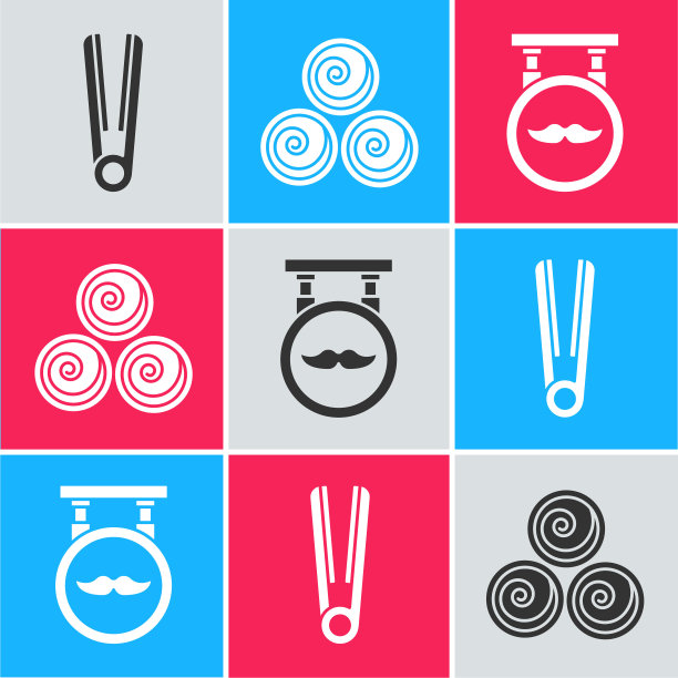 设置卷发器为头发，毛巾卷和理发店图标。向量图片下载