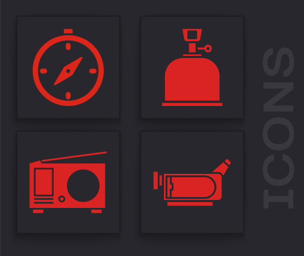 设置电影摄像机，指南针，露营煤气炉和无线电天线图标。向量图片下载